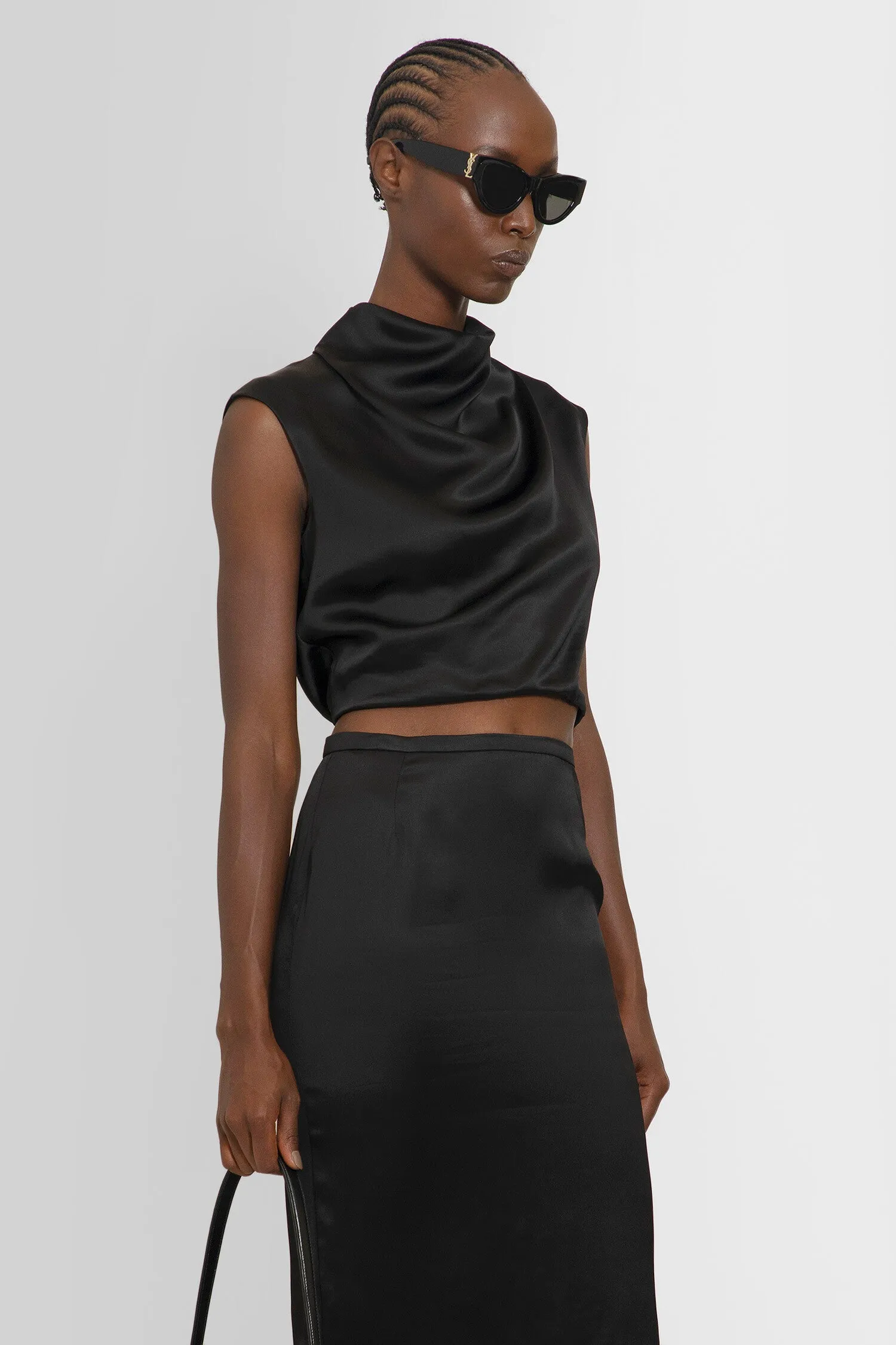 saint laurent sleeveless cowl neck top in viscose satin