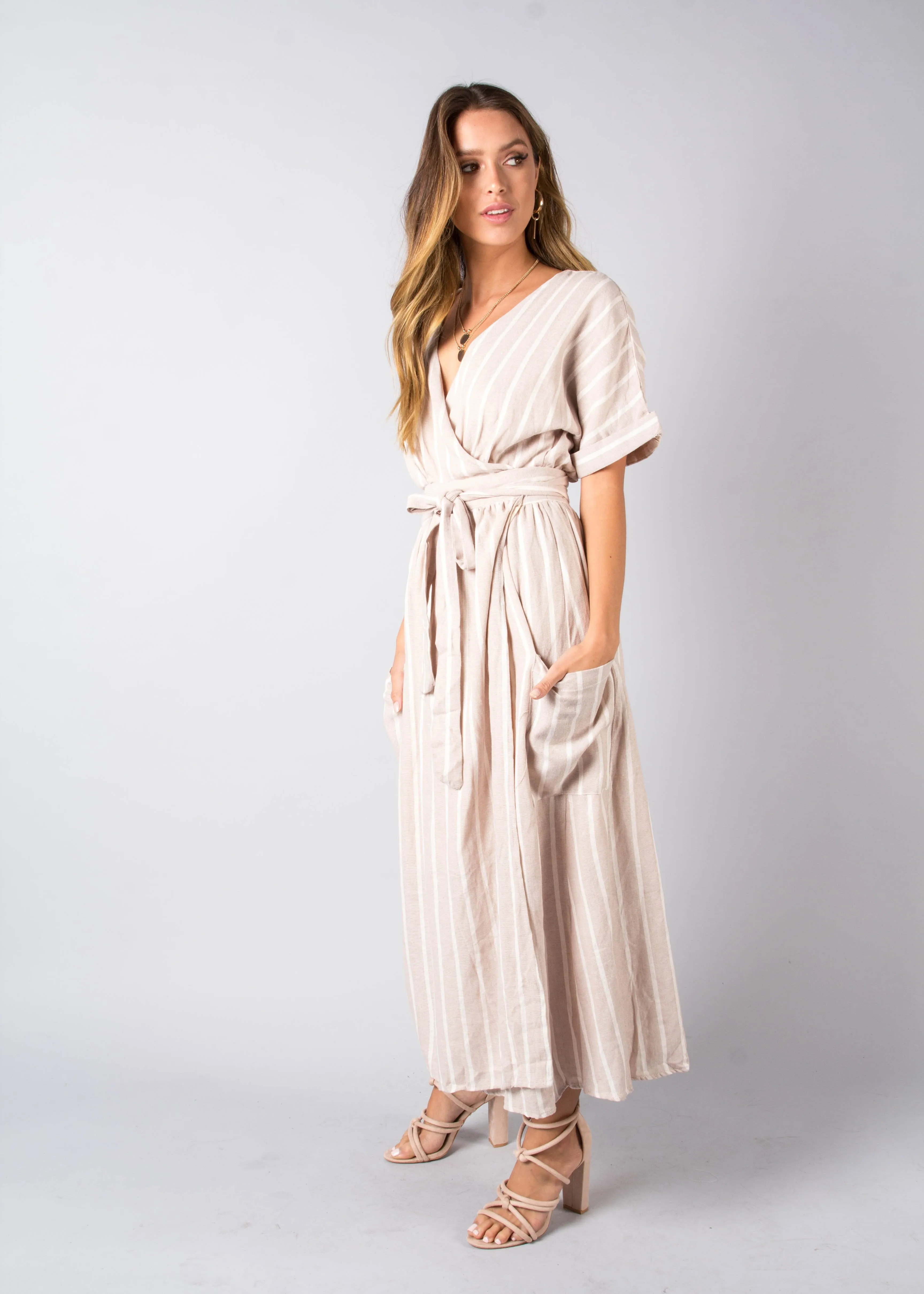 San Luca Linen Wrap Midi Dress - Beige Stripe