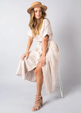 San Luca Linen Wrap Midi Dress - Beige Stripe