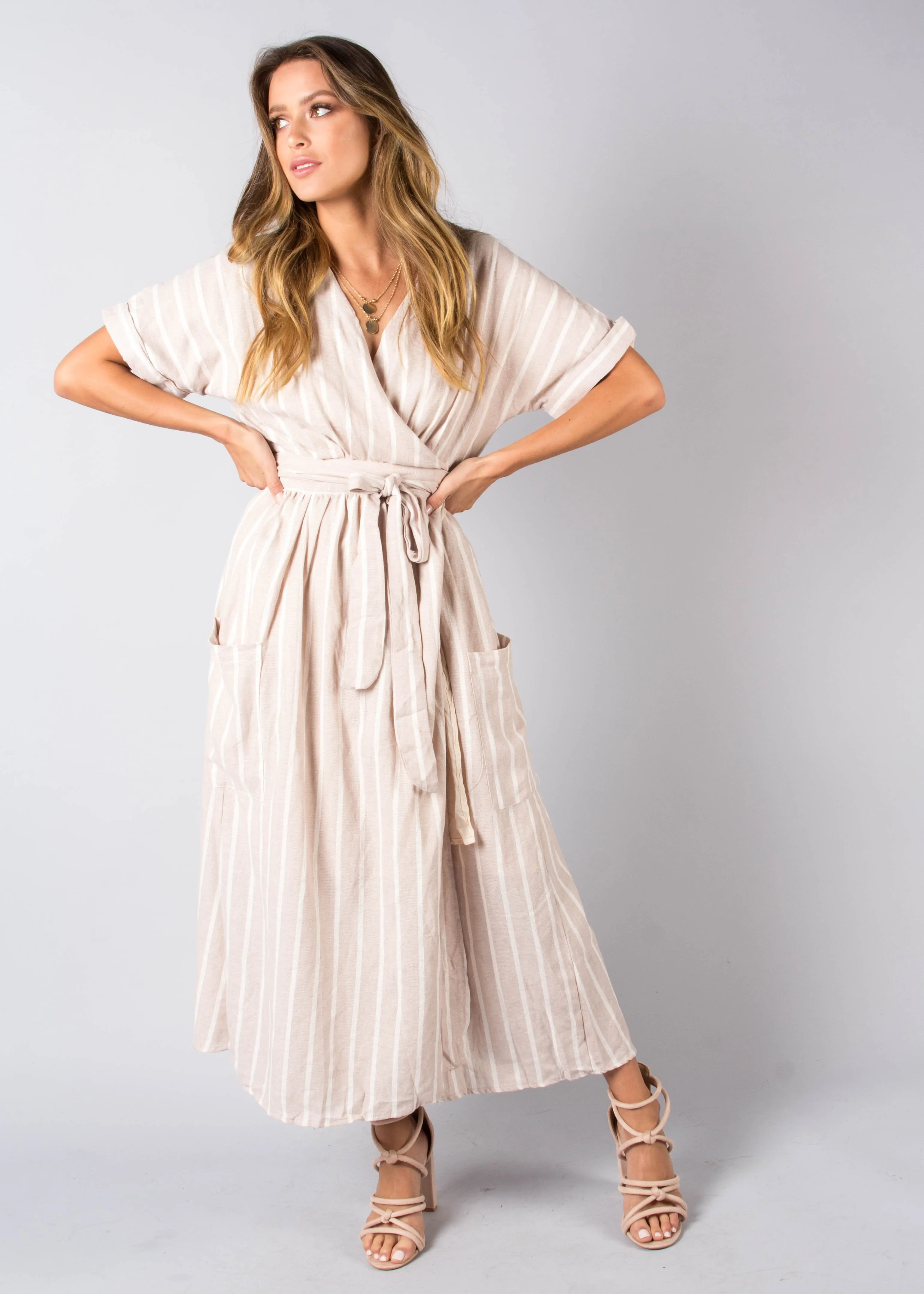 San Luca Linen Wrap Midi Dress - Beige Stripe