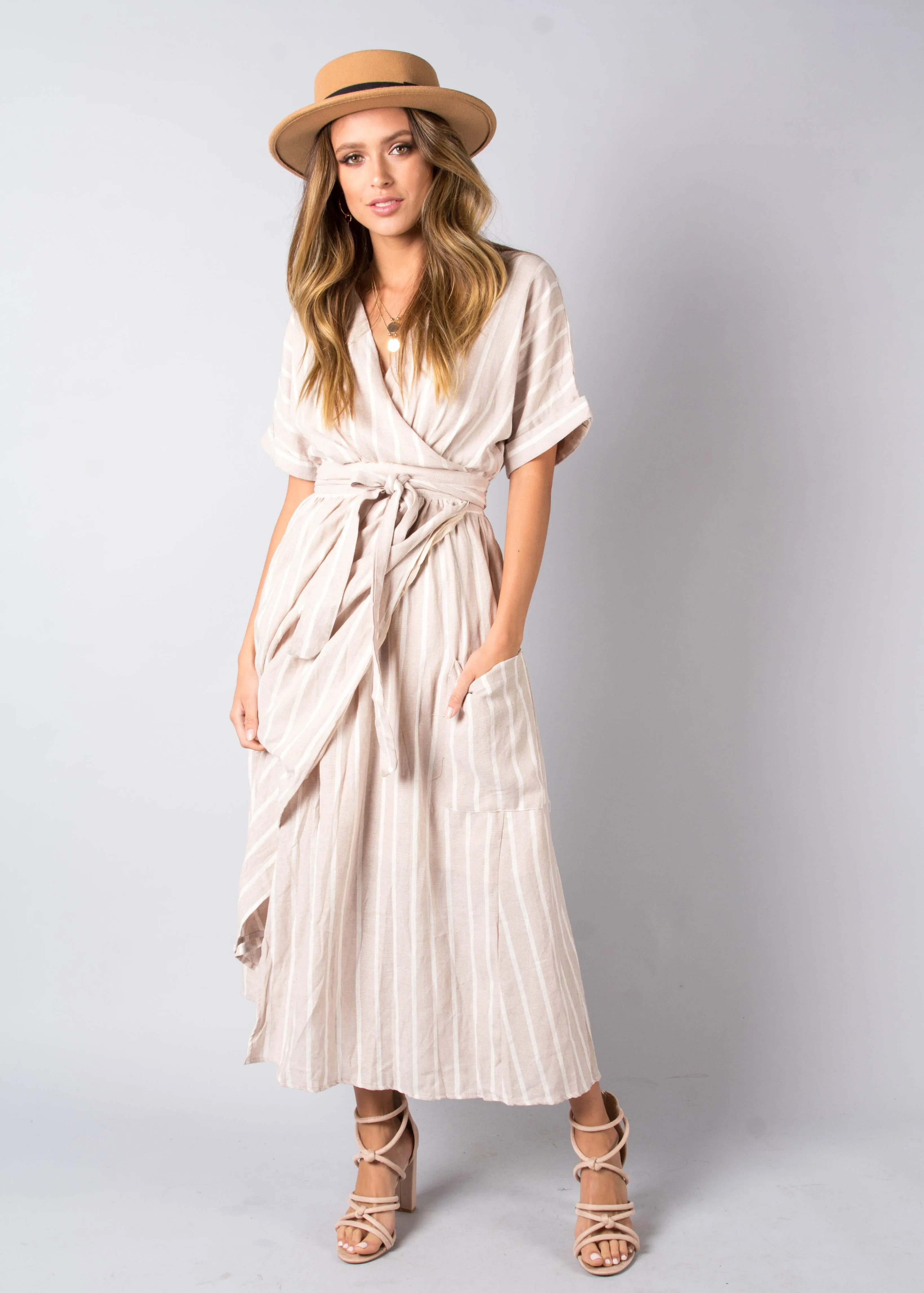 San Luca Linen Wrap Midi Dress - Beige Stripe