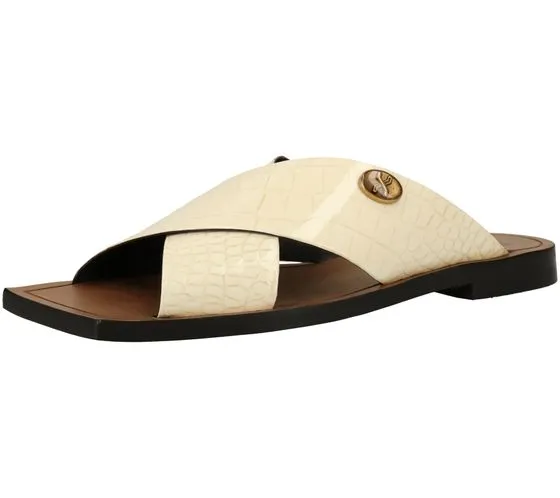 Sandalia de mujer Bronx de piel auténtica con tacón plano en bloque, mules de verano con aplicación de la marca 84856-H 05 beige