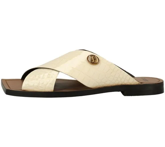 Sandalia de mujer Bronx de piel auténtica con tacón plano en bloque, mules de verano con aplicación de la marca 84856-H 05 beige