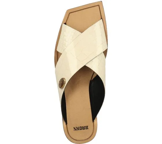 Sandalia de mujer Bronx de piel auténtica con tacón plano en bloque, mules de verano con aplicación de la marca 84856-H 05 beige