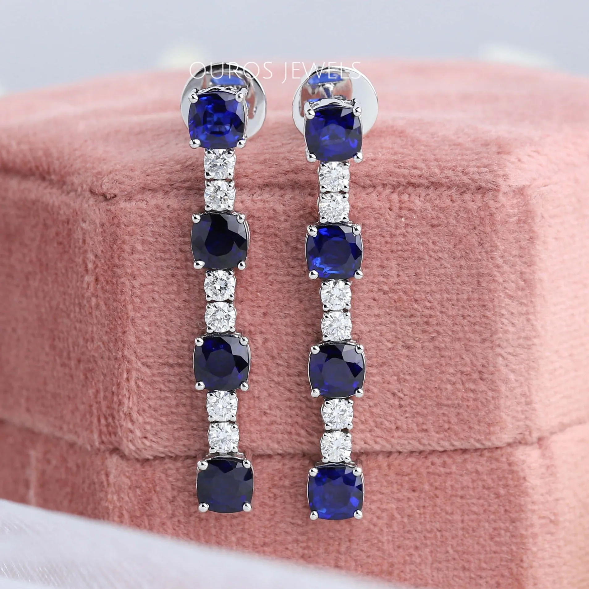 Sapphire Cushion Cut Drop Dangle Earrings