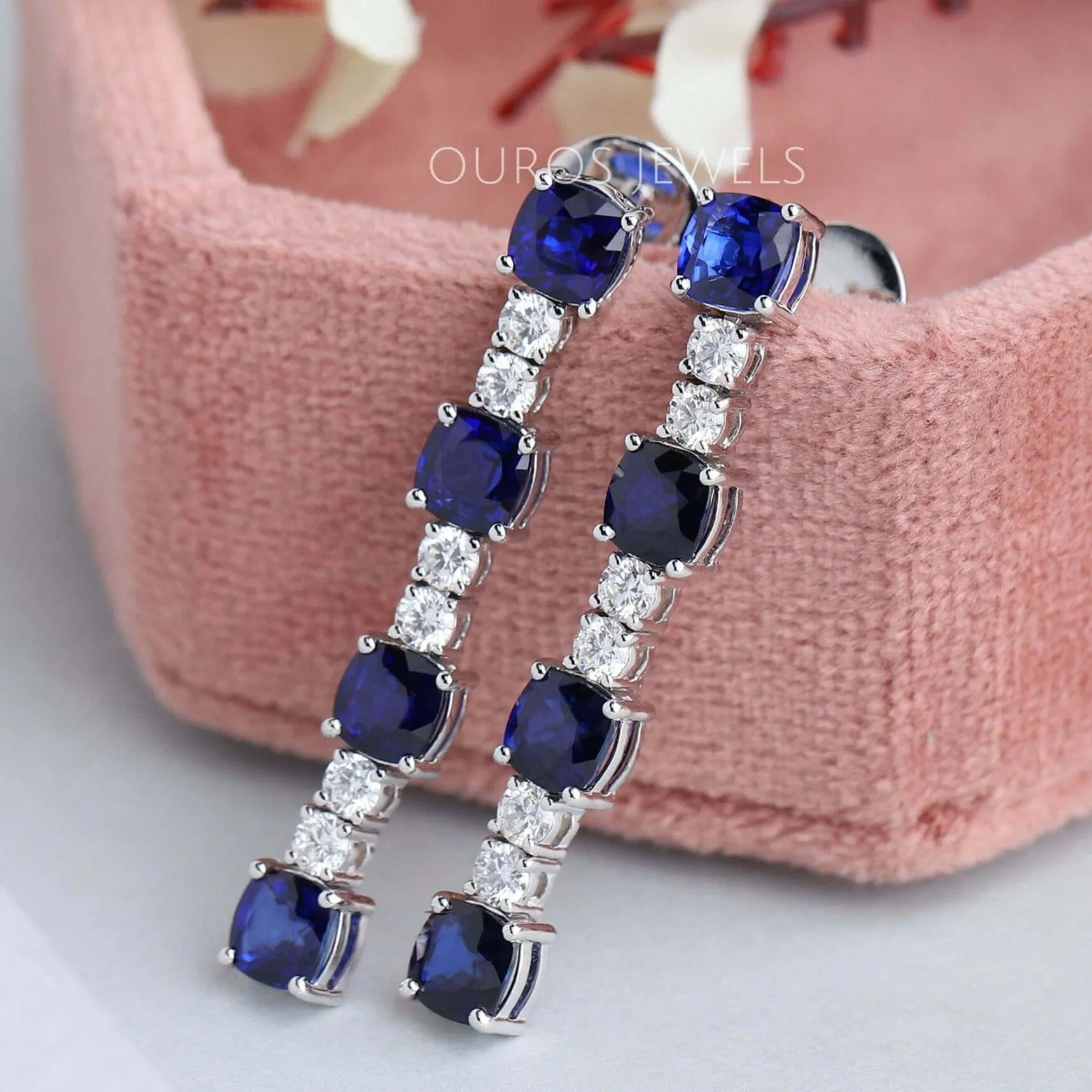 Sapphire Cushion Cut Drop Dangle Earrings