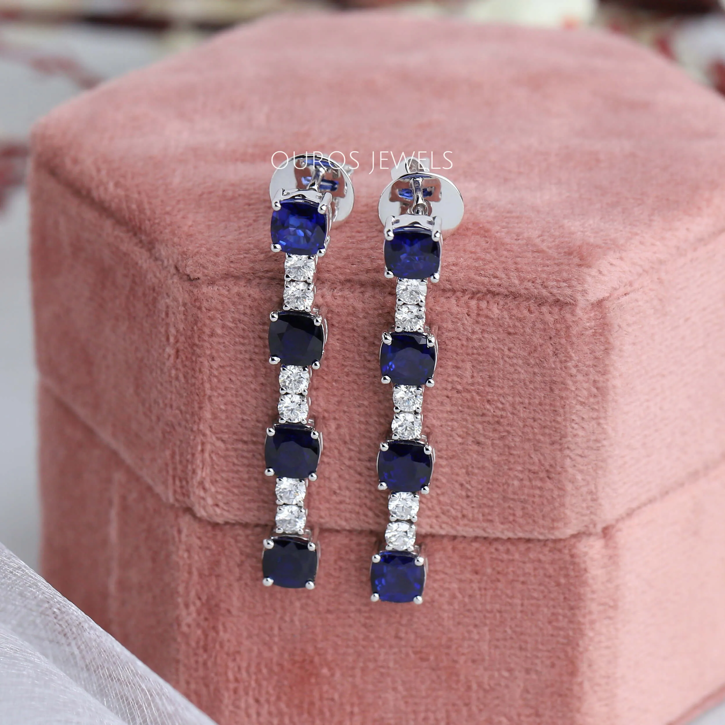 Sapphire Cushion Cut Drop Dangle Earrings