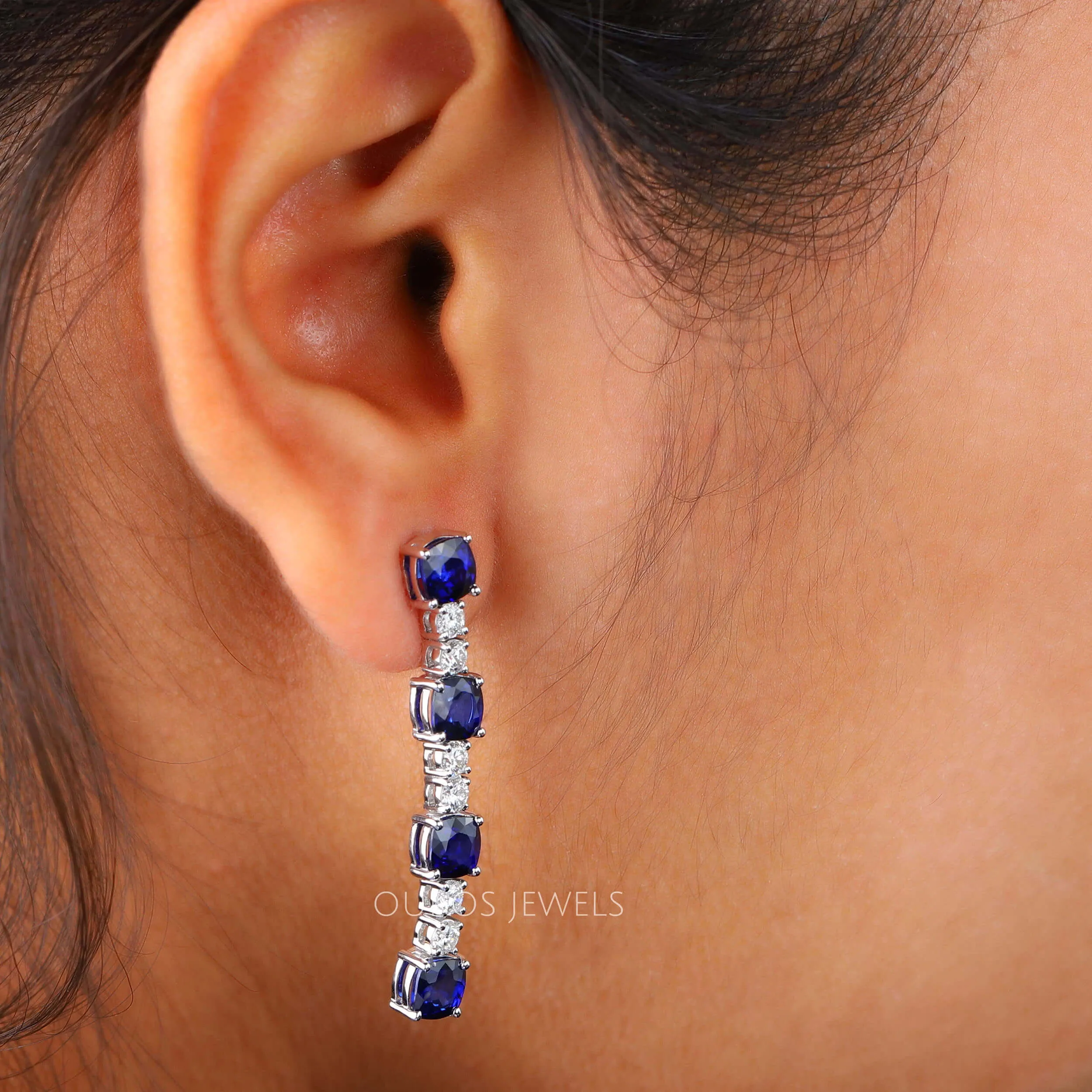 Sapphire Cushion Cut Drop Dangle Earrings