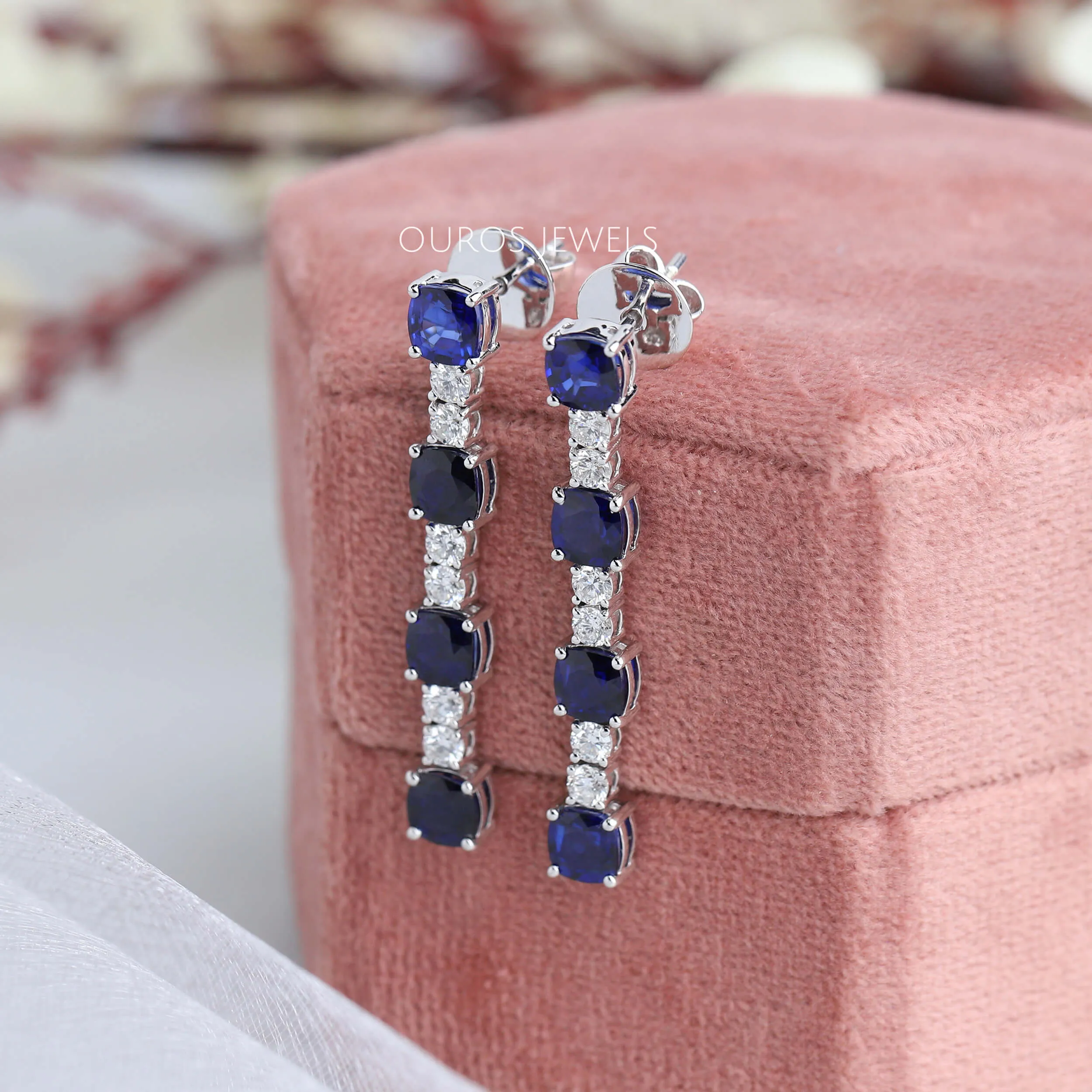 Sapphire Cushion Cut Drop Dangle Earrings