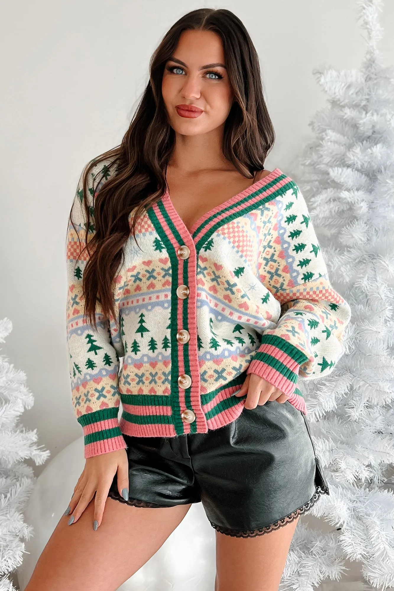 Seasonal Cheer Button Front Holiday Print Cardigan (Multi)