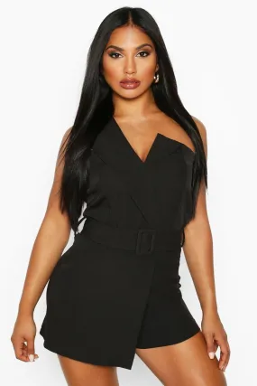 Self Belted Strapless Tailored Romper