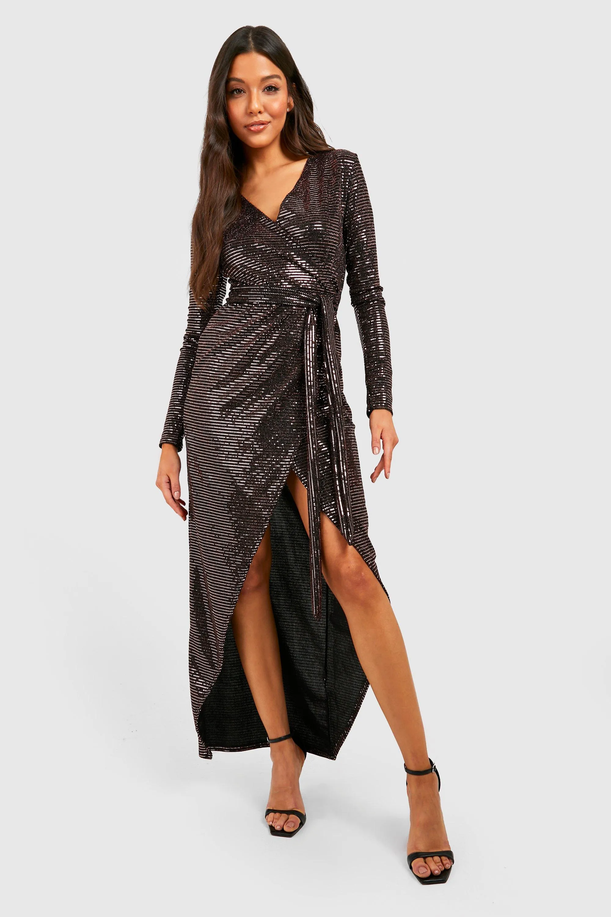 Sequin Long Sleeve Wrap Detail Maxi Dress