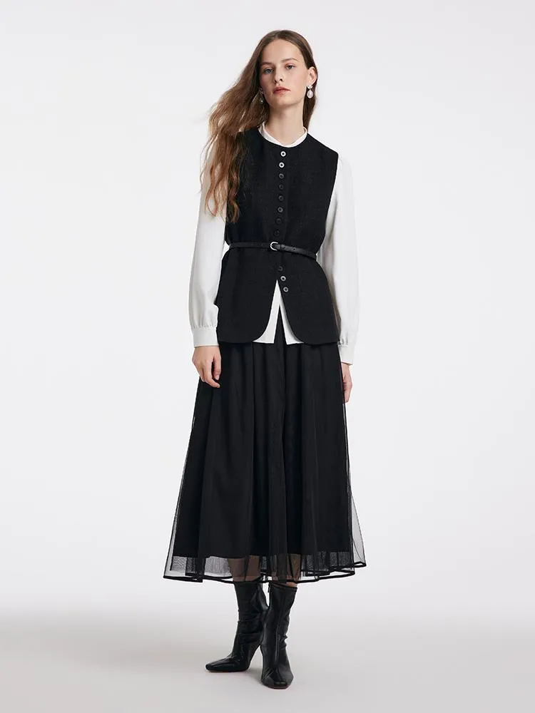 Shirt And Vest And Tulle Skirt With Belt Three-Piece Set 