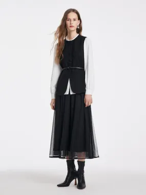 Shirt And Vest And Tulle Skirt With Belt Three-Piece Set 