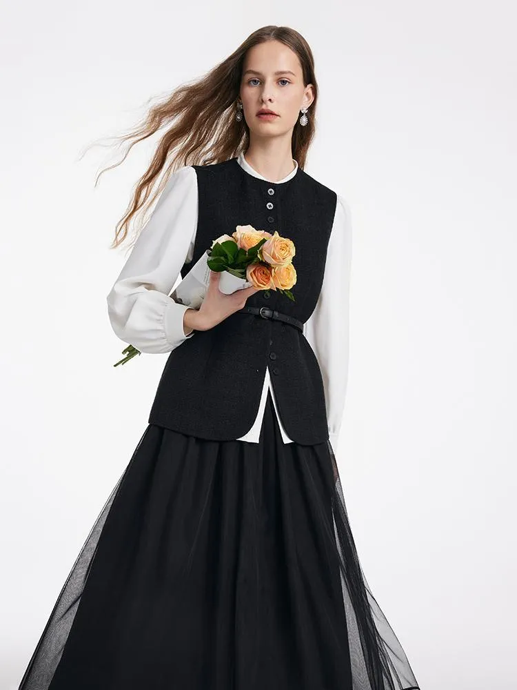 Shirt And Vest And Tulle Skirt With Belt Three-Piece Set 