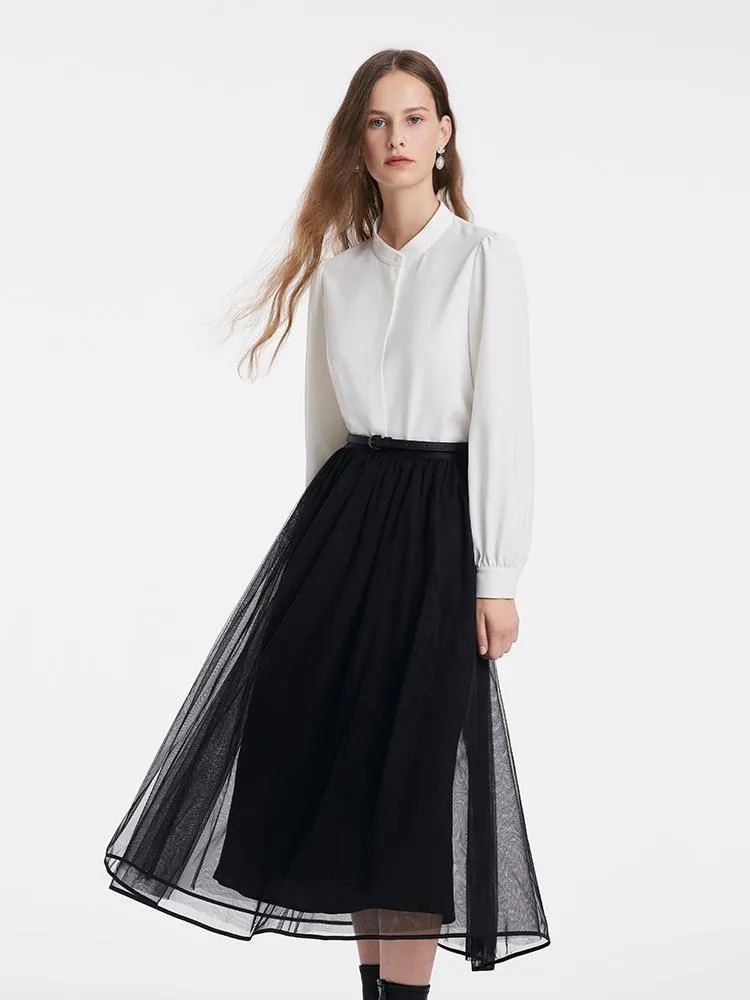 Shirt And Vest And Tulle Skirt With Belt Three-Piece Set 