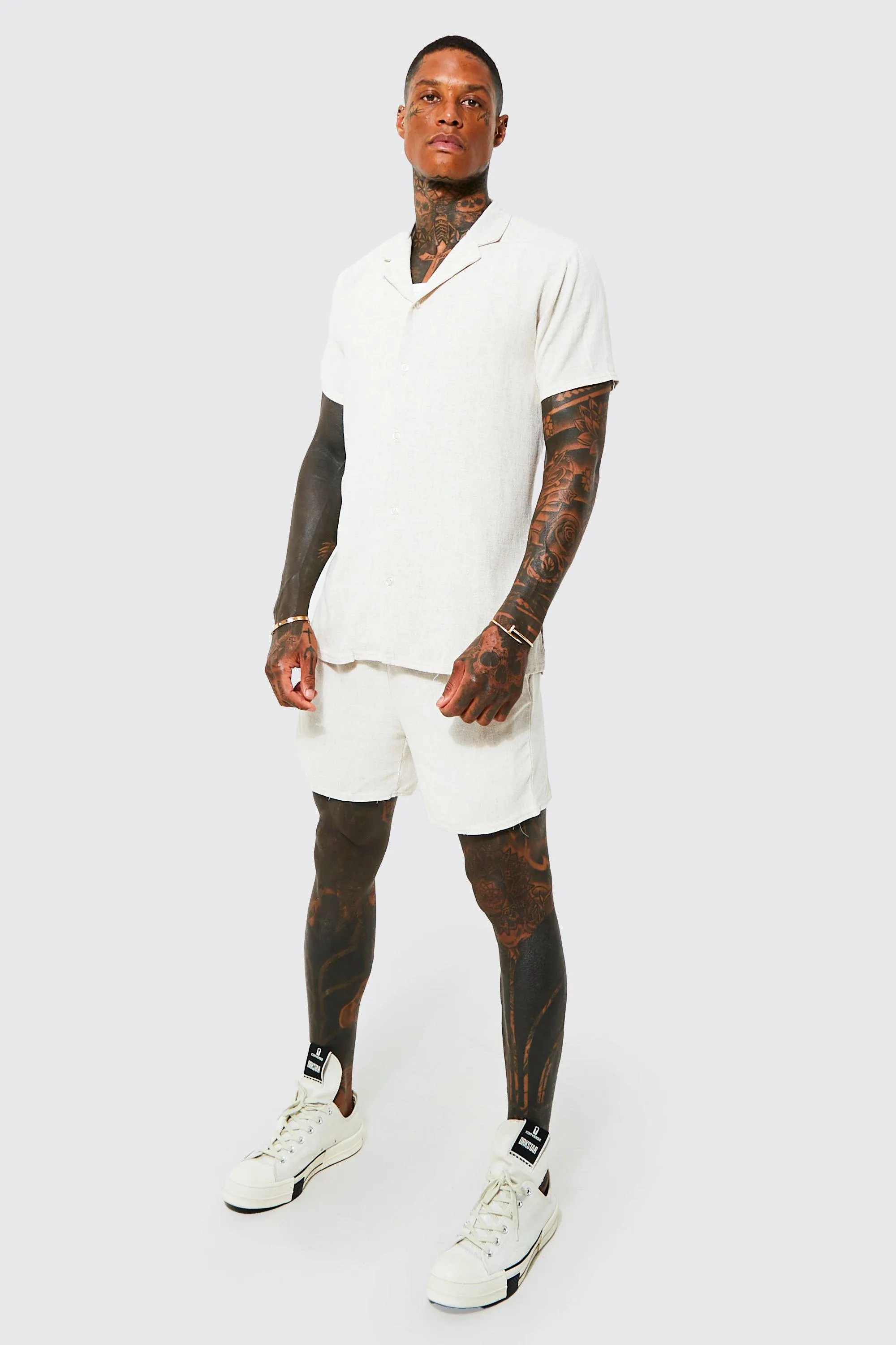 Short Sleeve Revere Linen Shirt And Short Set | boohooMAN UK