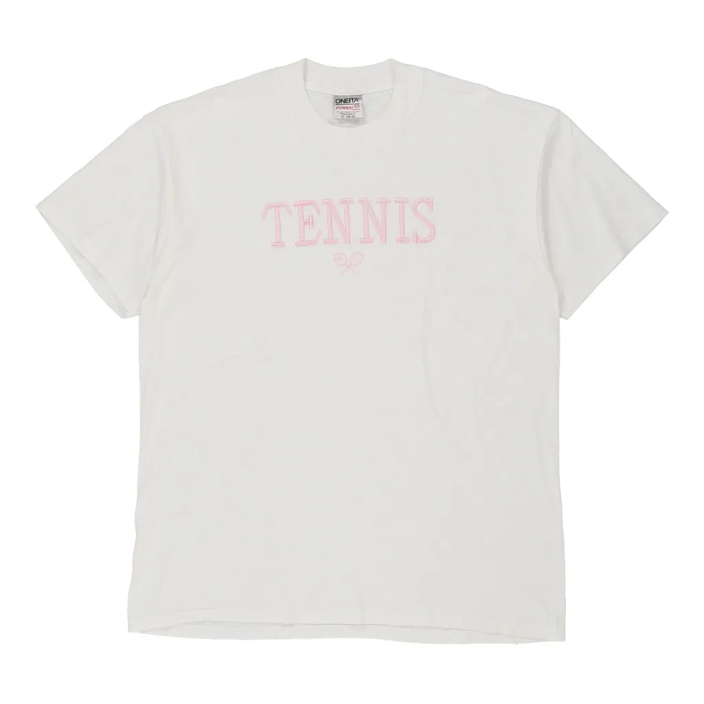 Single Stitch Tennis. Oneita Graphic T-Shirt - XL White Cotton