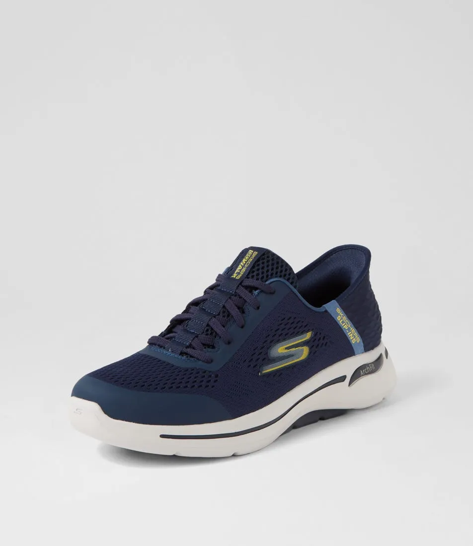 SKECHERS Go Walk Arch Fit Navy Yellow Mesh Sneakers
