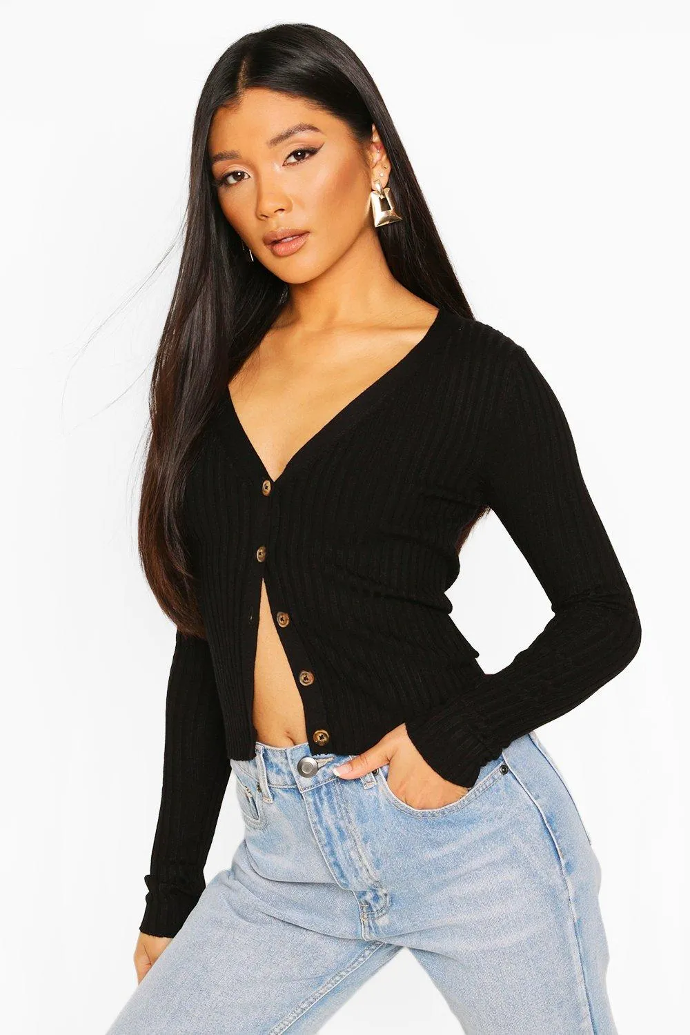 Skinny Rib Button Through Cardigan
