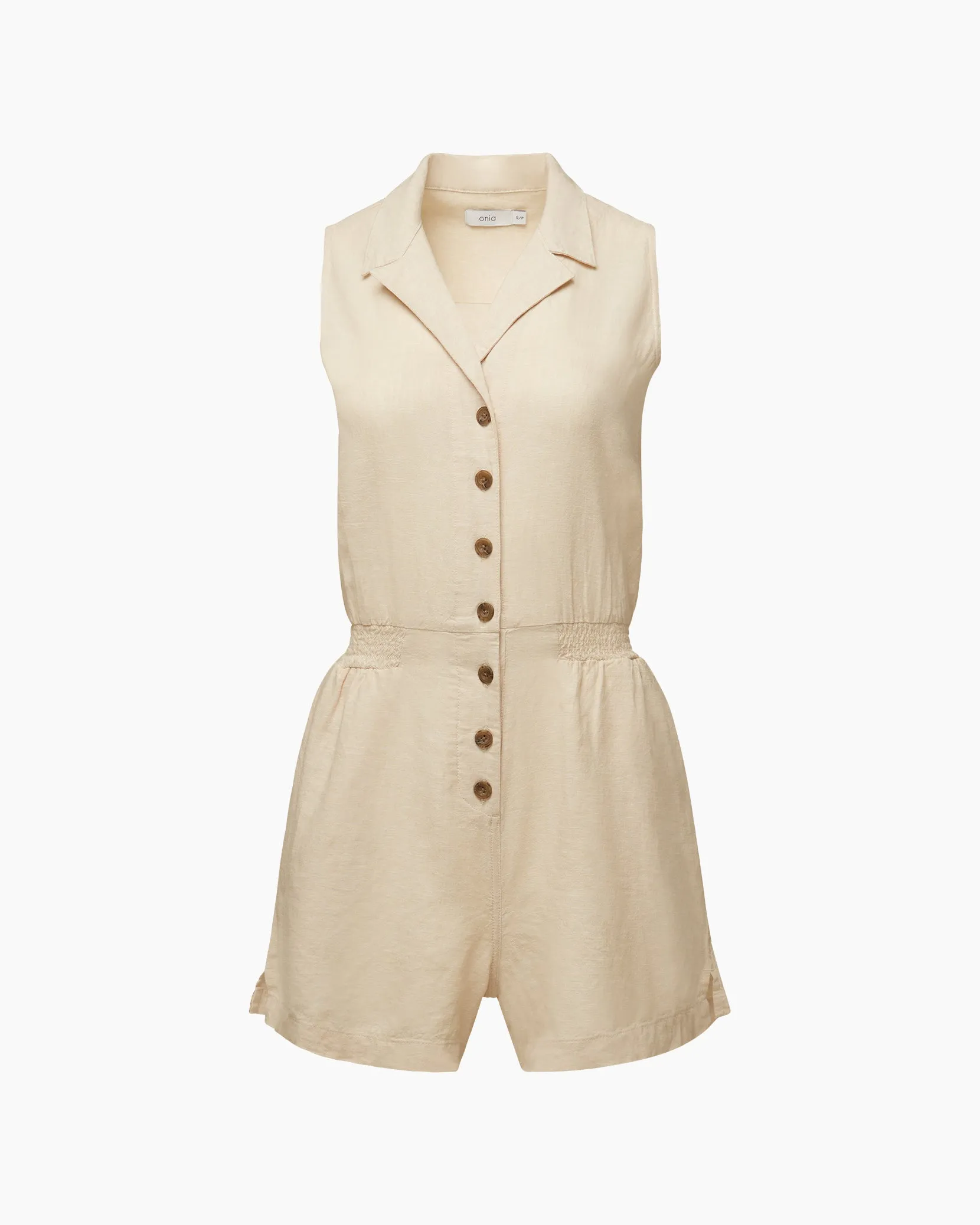 Sleeveless Button Front Linen Romper | Natural