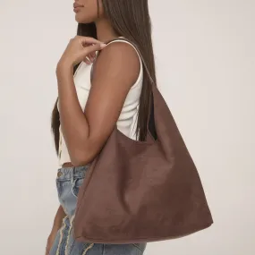Slouched Shoulder Bag In Brown Faux Suede