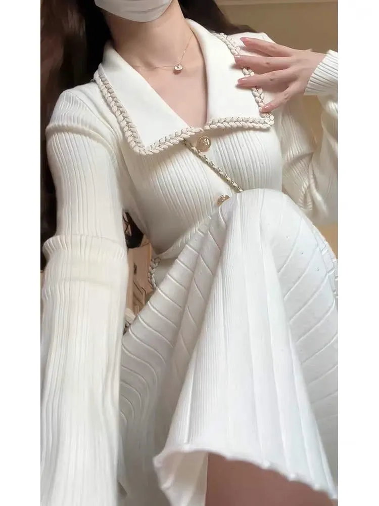 Small breasts wear a high-end, slim and elegant lady-goddess style gentle white knitted dress for autumn (V7711)