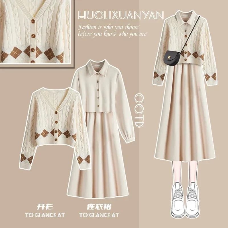 Small long-sleeved shirt dress for women in autumn and winter 2023 new knitted sweater and French long skirt