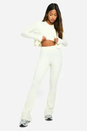 Soft Cable Knitted Cardigan, Crop Top And Flare Leg Trouser 3 Piece Set