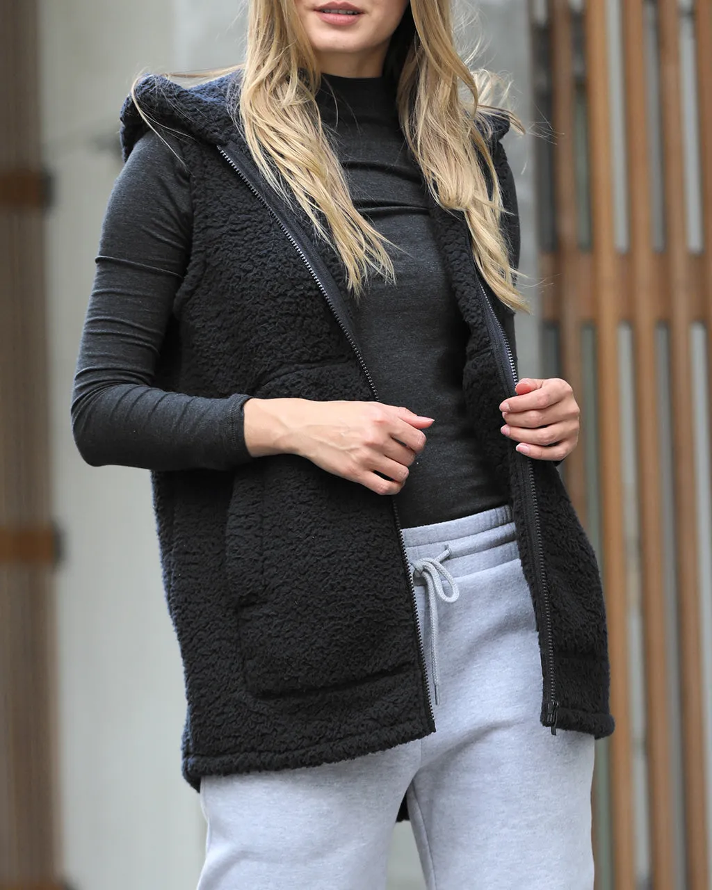 Soft Sherpa High-low Hooded Vest With Pockets