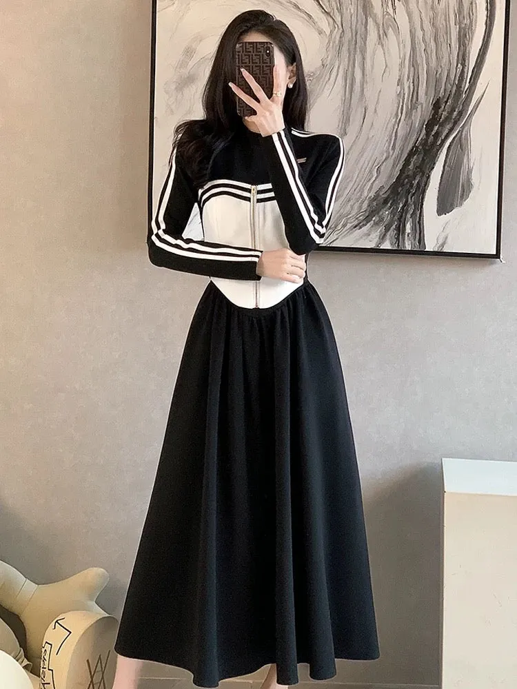 Spring 2024 New Casual Sweater Dress Women's Waist Temperament Long French Chic Unique Skirt