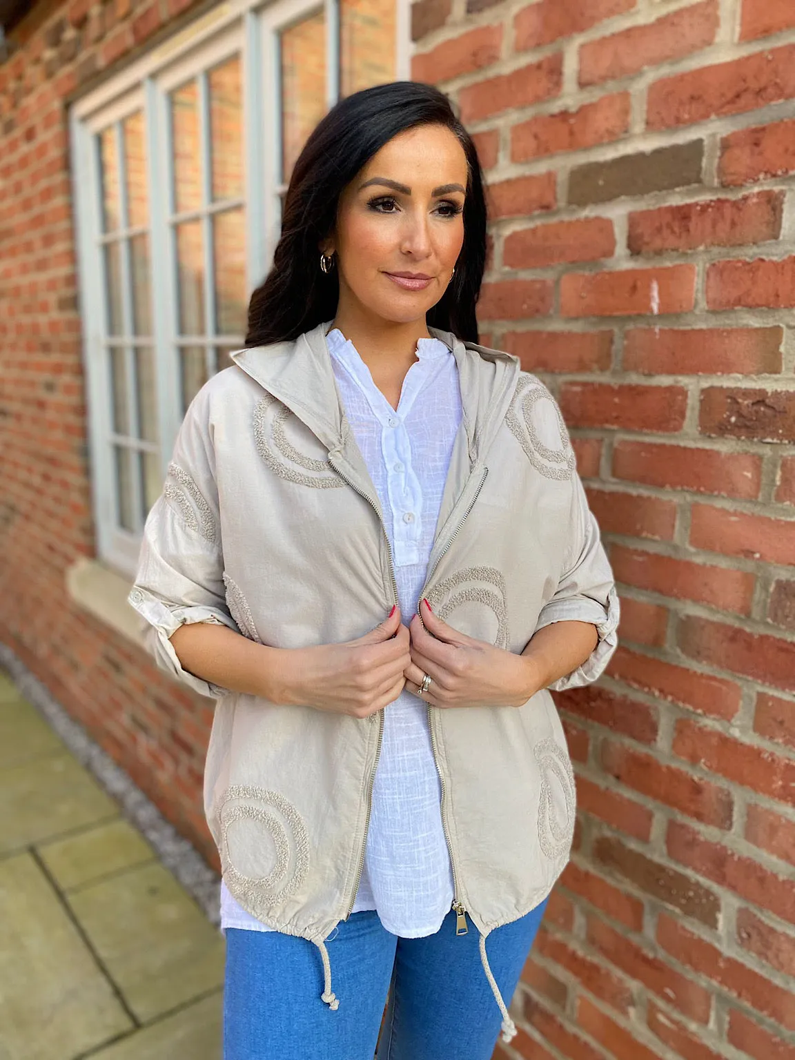 Stone Drawstring Textured Zip Jacket Izzy