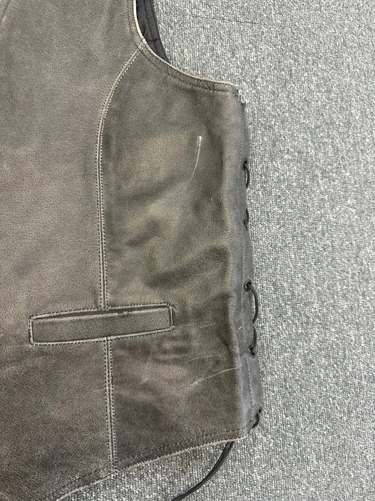 Stonewash Grey Side Lace Classic Mens Leather Vest Waistcoat