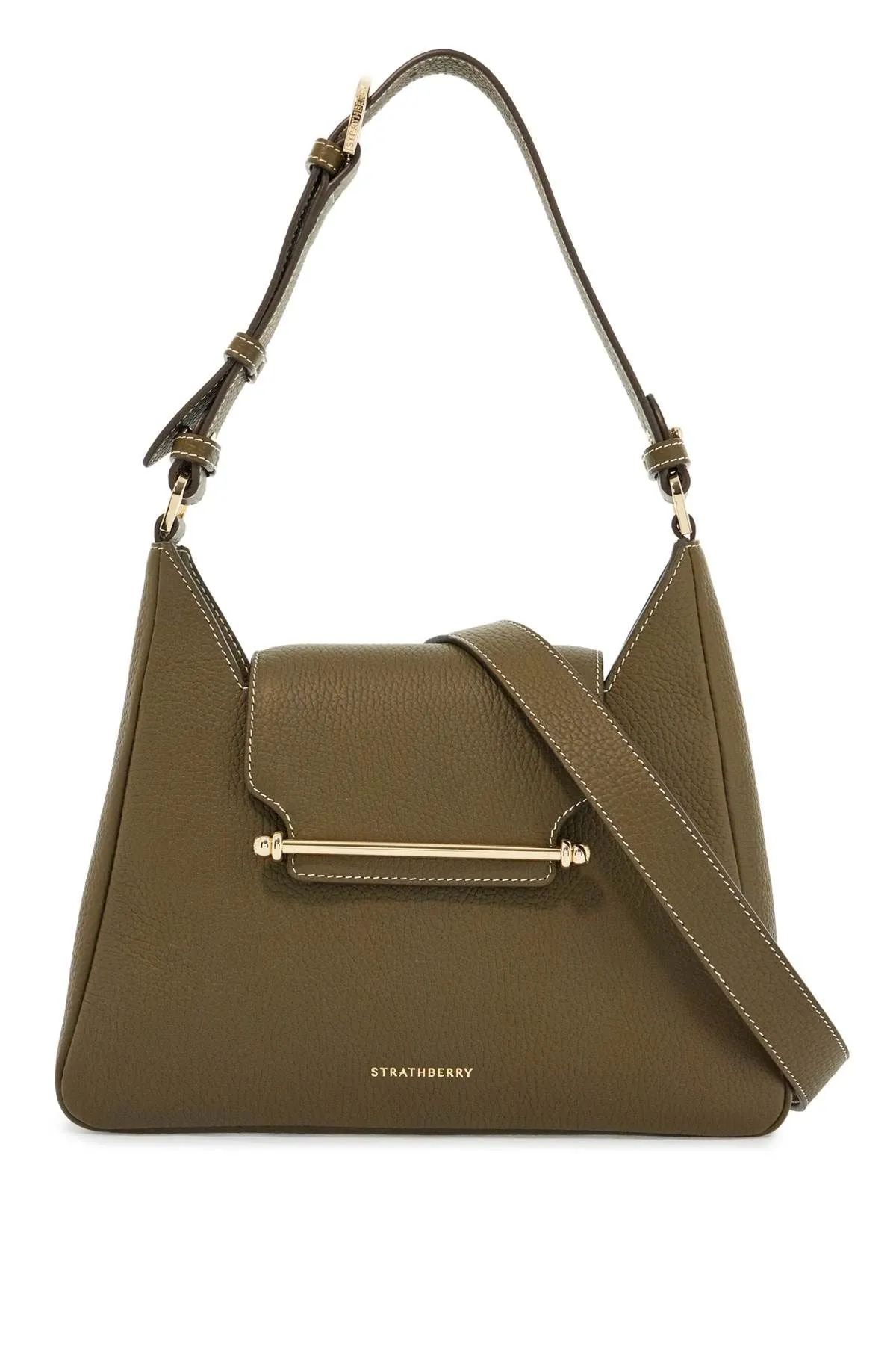 Strathberry Khaki Leather Hobo Bag With Adjustable Strap