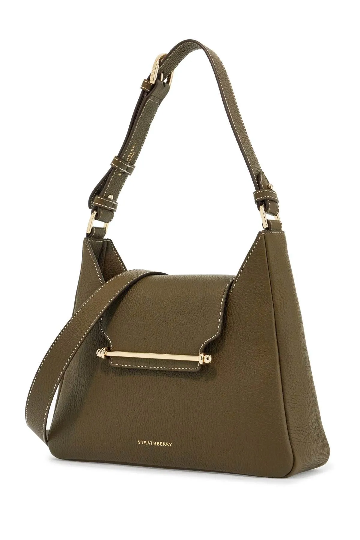 Strathberry Khaki Leather Hobo Bag With Adjustable Strap