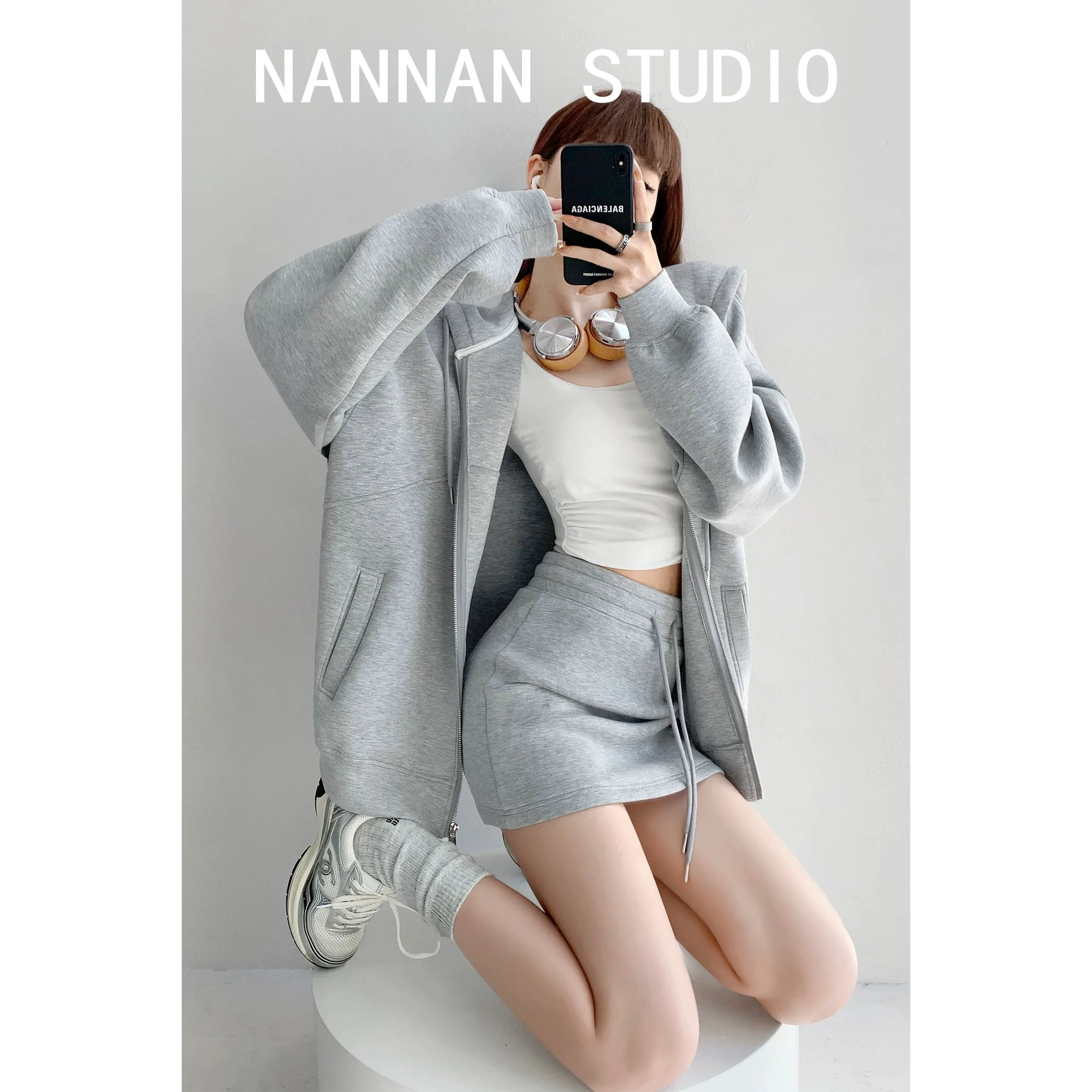 Street hottie lazy dressing tutorial loose thick hooded sweater suit women's high waist sports skirt two-piece suit