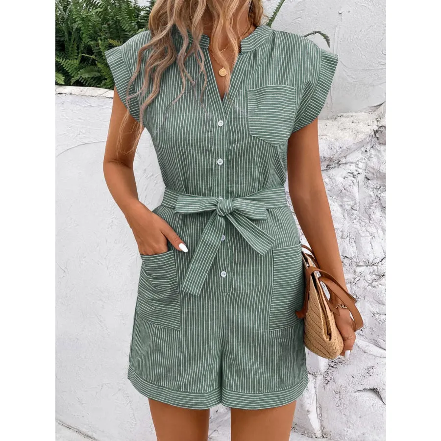 Striped Notched Tie Waist Romper