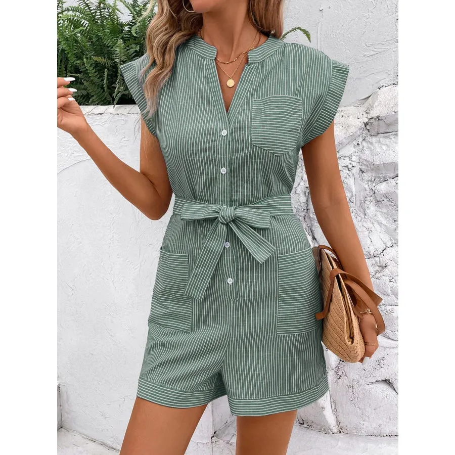 Striped Notched Tie Waist Romper