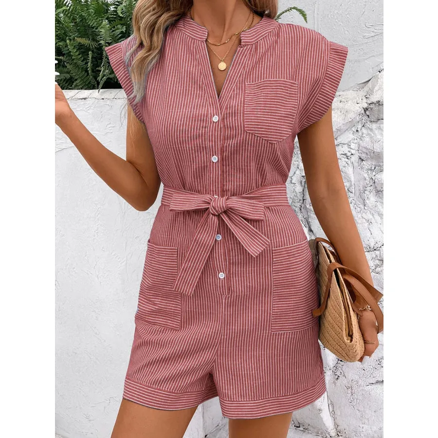 Striped Notched Tie Waist Romper