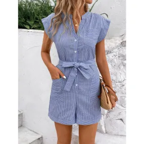 Striped Notched Tie Waist Romper