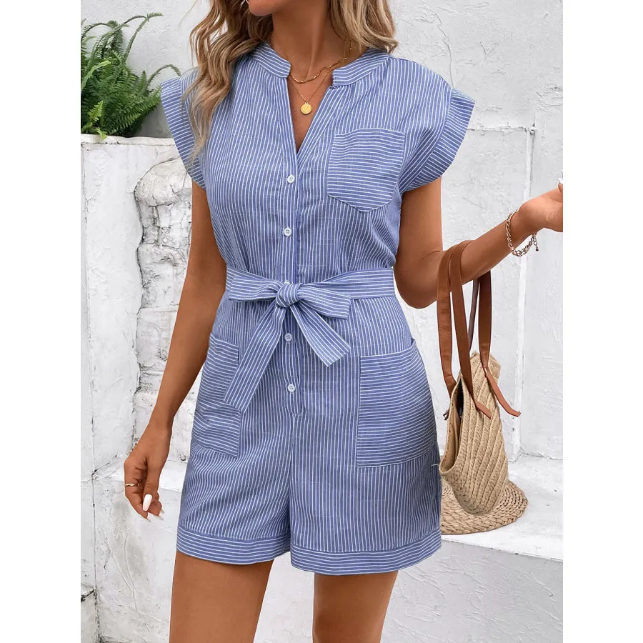 Striped Notched Tie Waist Romper