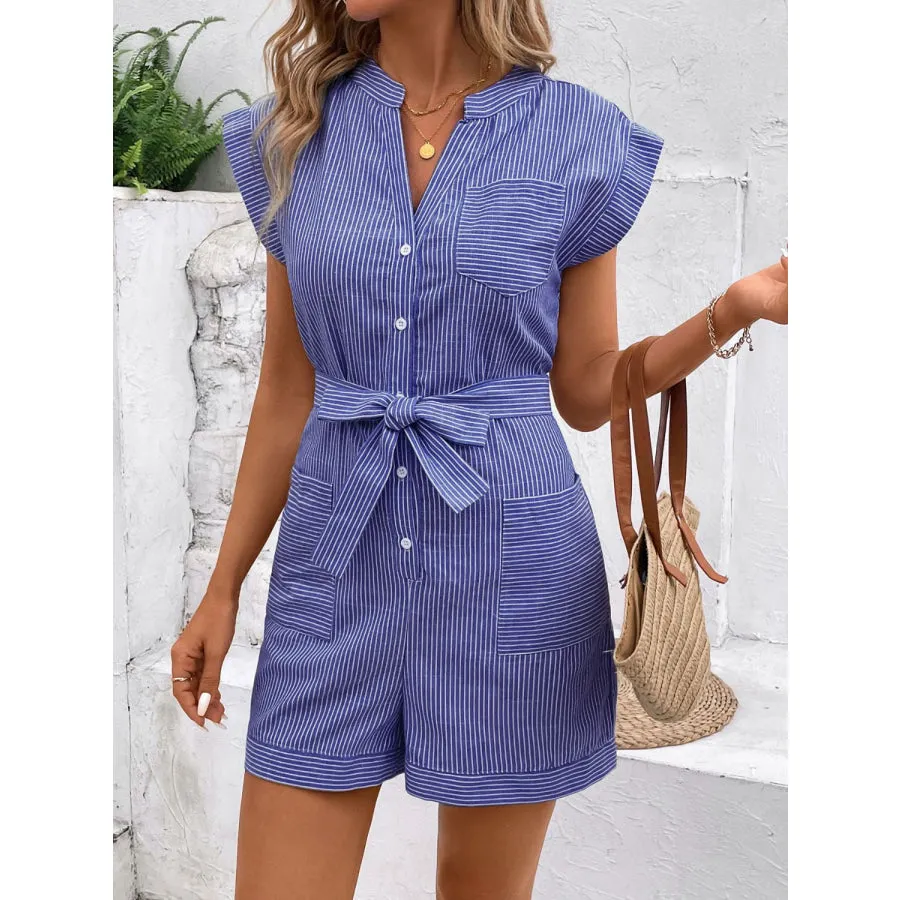 Striped Notched Tie Waist Romper