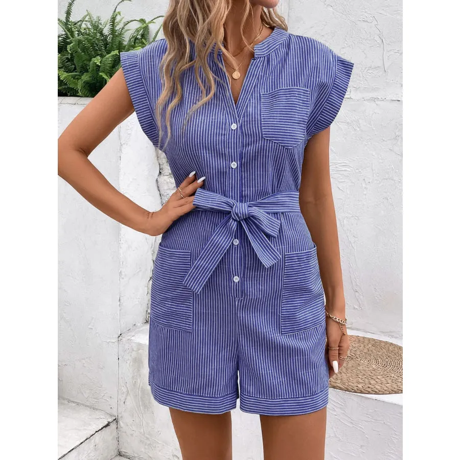 Striped Notched Tie Waist Romper