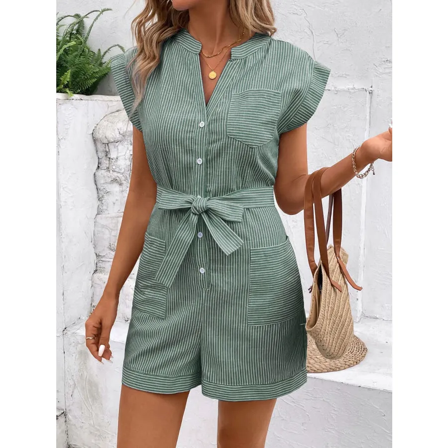 Striped Notched Tie Waist Romper