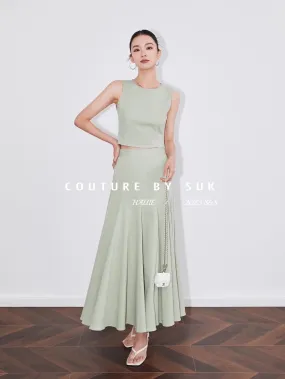 SUK roams the Aegean Sea! Trendy suit women's green sleeveless top and skirt two-piece set