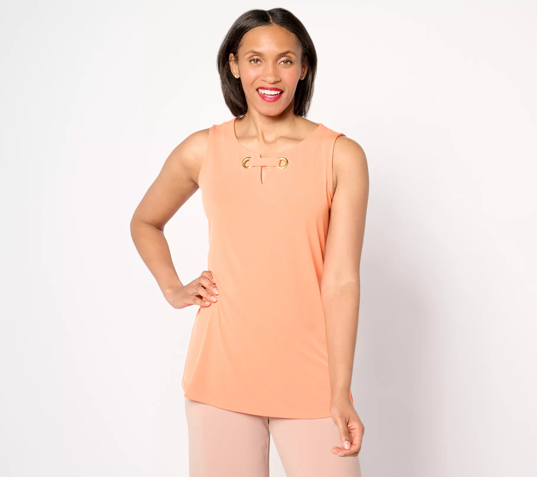 Susan Graver Liquid Knit Sleeveless A-Line Top w/ Grommet Detail