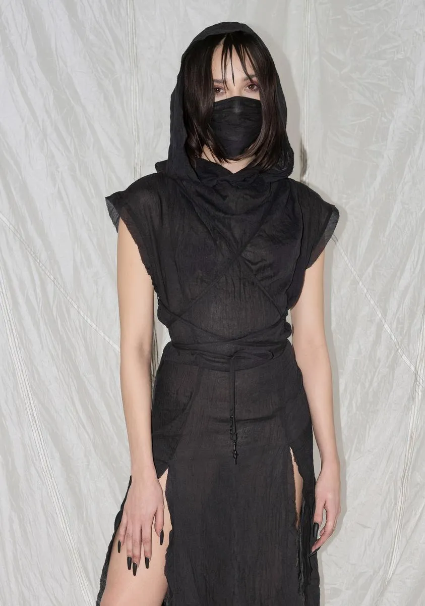 Synth Hooded Gauze Tunic Dress And Mask Set-