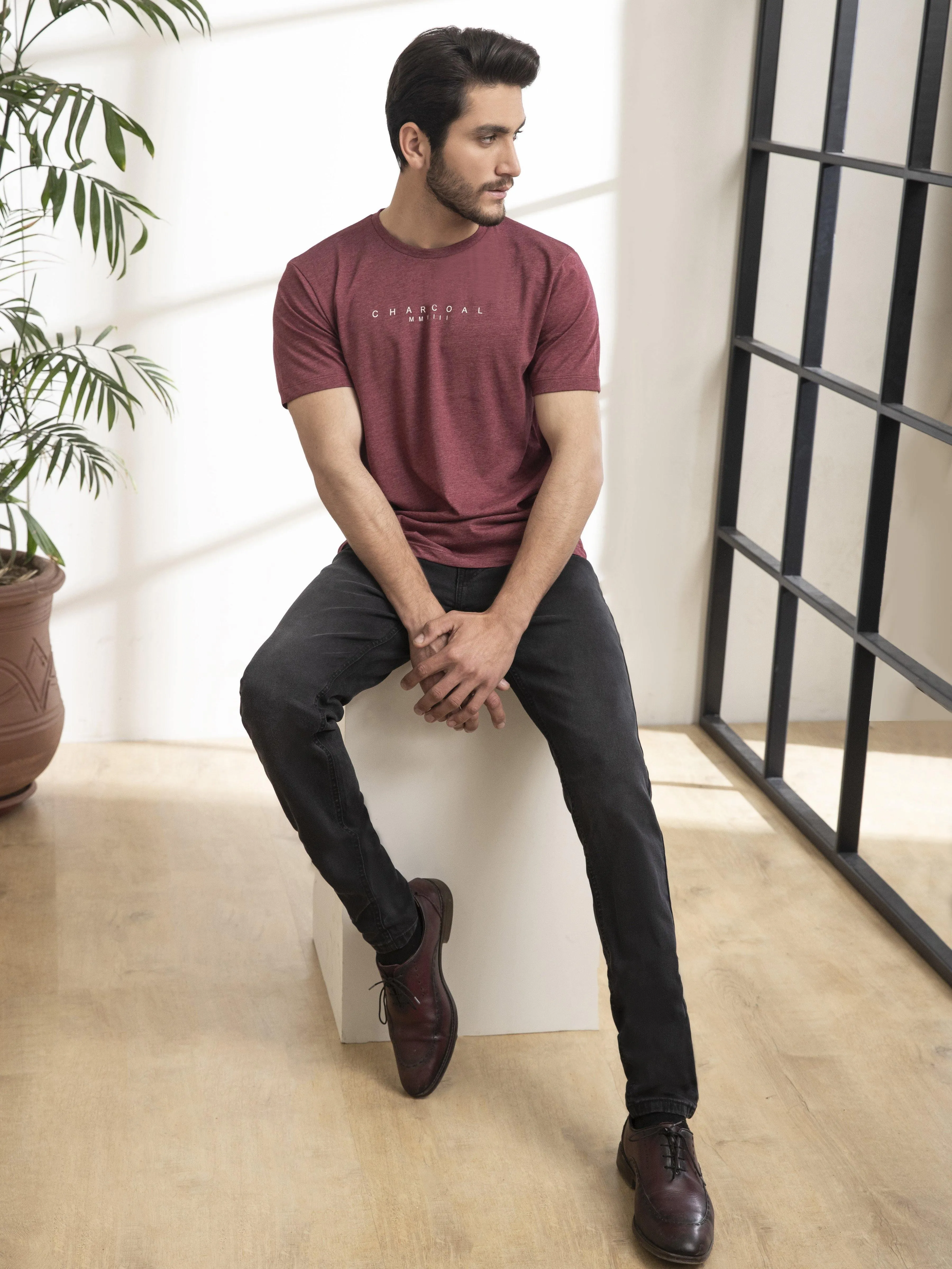 T SHIRT ROUND NECK SLEEPWEAR MAROON MELANGE
