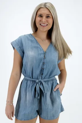 Take Me To Lunch Belted Romper - Lt. Wash