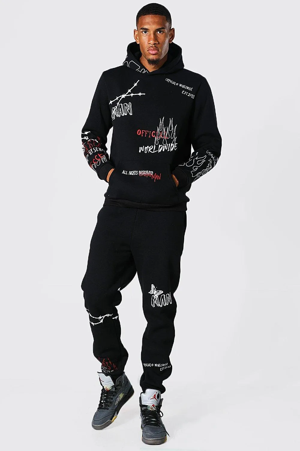 Tall Official Graffiti Print Hooded Tracksuit | boohooMAN UK